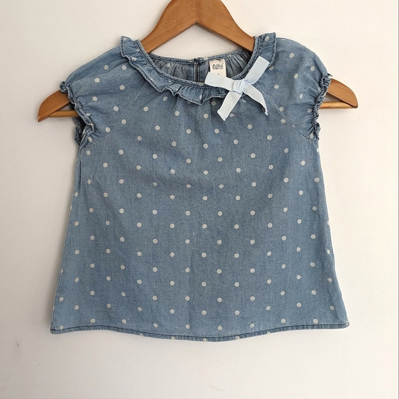 OshKosh Chambray Blue Denim Short Sleeve Polka Dot Blouse Size 4T - Picture 1 of 5